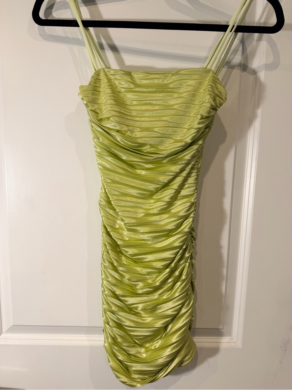 Ruched Satin Spaghetti-Strap Mini Dress in Light Lime